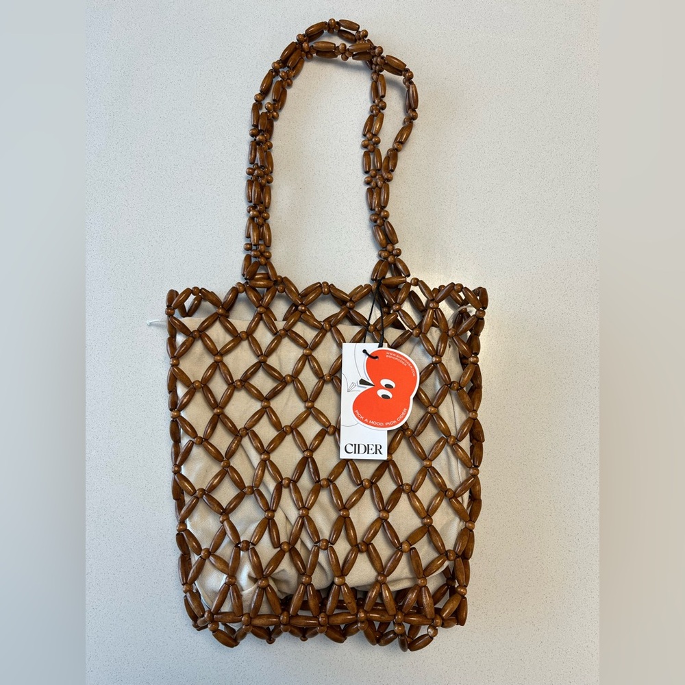 Cider Brown Beaded Net Tote with Cream Inner Pouch